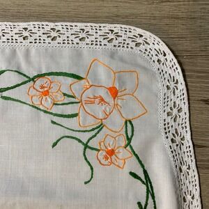 Vintage Hand Embroidered Table Runner Topper Floral Daffodil Easter 43x17